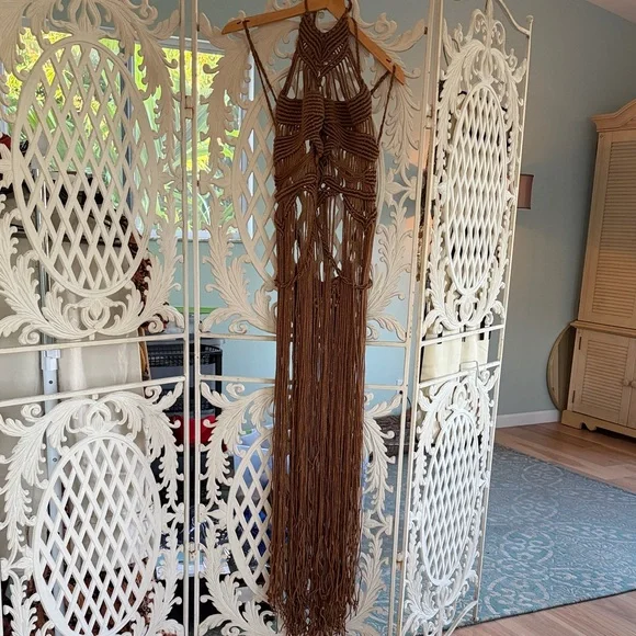 Boho Macrame Fringe Dress in Brown - Picture 2 of 4